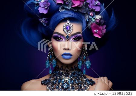 奇抜な特殊ヘアメイクスタイル 美人女性像を生成AIで表現（横写真） 129935522