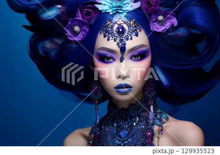 奇抜な特殊ヘアメイクスタイル 美人女性像を生成AIで表現（横写真） 129935523