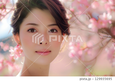 美肌日本人ヘアメイクスタイル 美人女性像を生成AIで表現（横写真） 129935695