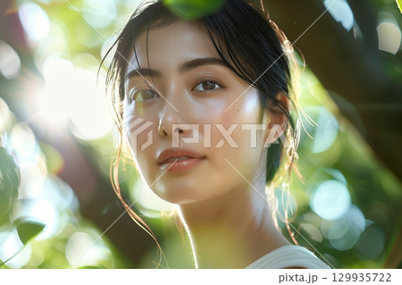 美肌日本人ヘアメイクスタイル 美人女性像を生成AIで表現（横写真） 129935722