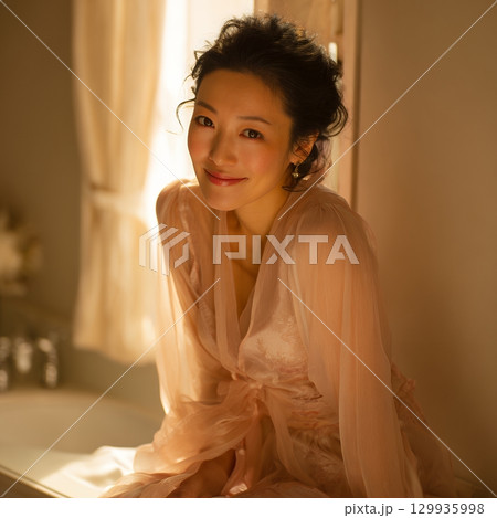 窓辺でくつろぐお洒落な大人の日本人美女（スクエア写真） 129935998