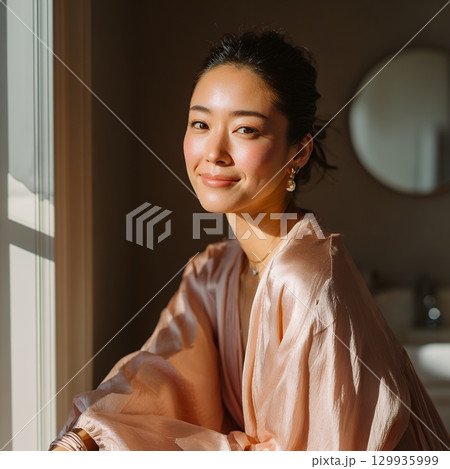 窓辺でくつろぐお洒落な大人の日本人美女（スクエア写真） 129935999