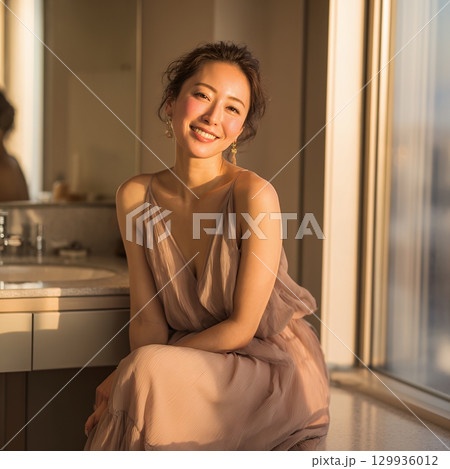 窓辺でくつろぐお洒落な大人の日本人美女（スクエア写真） 129936012