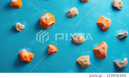 Climbing wall with colorful holds on blue background, perfect for adventure enthusiasts 129936309
