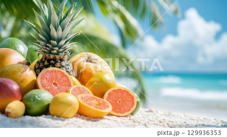 Fresh tropical fruits arranged beautifully on sandy beach, evoking sense of relaxation and joy 129936353
