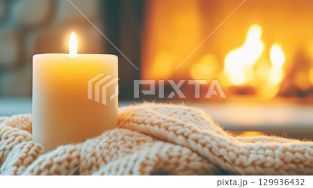 Cozy candle glowing warmly in home interior with fireplace, creating serene atmosphere 129936432