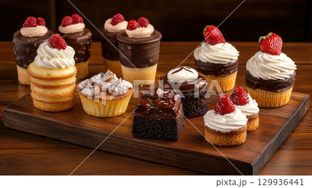 Delicious desserts display with gourmet pastries, including cupcakes, brownies, and tarts, perfect for any occasion 129936441