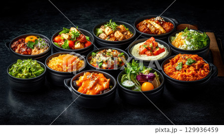 Exquisite gourmet cuisine displayed artistically in black bowls, featuring vibrant colors and diverse textures 129936459