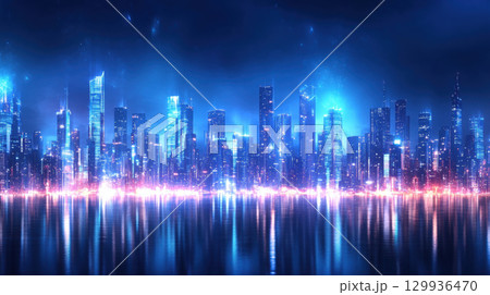 Futuristic city skyline at night with illuminated buildings reflecting on water, creating vibrant atmosphere 129936470