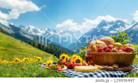 picturesque picnic scene featuring fresh fruits, nuts, and bread set against stunning mountain 129936497