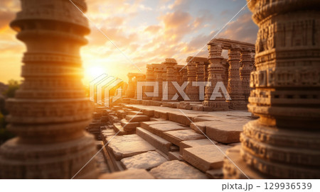 Majestic historical landmark with intricate architecture at sunset, showcasing ancient stone pillars and warm light 129936539