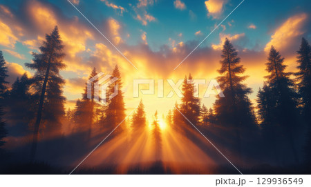 serene sunrise illuminates misty forest, with tall trees silhouetted against vibrant colors in sky 129936549