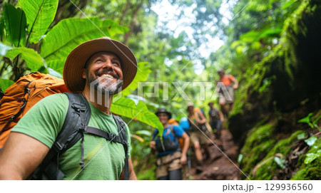 group of hikers enjoying outdoor adventure in lush, green forest, showcasing camaraderie and excitement 129936560