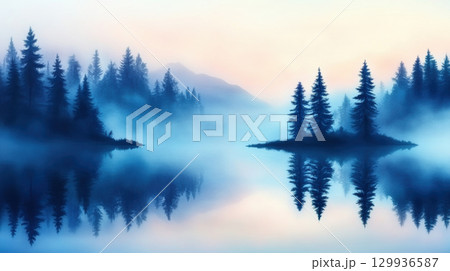 serene landscape featuring misty trees reflected in calm lake at dawn, evoking tranquility and peace 129936587