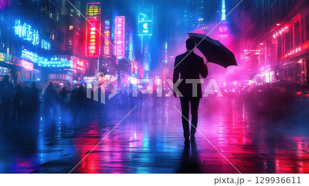 stylish young professional stands under umbrella in vibrant urban setting, illuminated by neon lights and rain 129936611