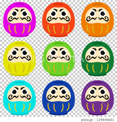 色彩繽紛的達摩插圖,生動的9色套裝 色彩繽紛的達摩插圖,生動的9色套裝 129936681