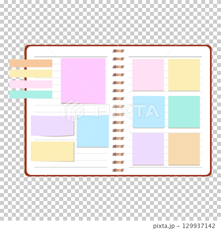 Illustration material of a notebook with lots of colorful sticky notes 129937142