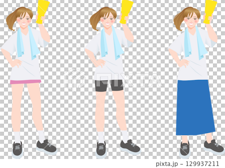 メガホンを持って応援する女性・白Tシャツ 129937211