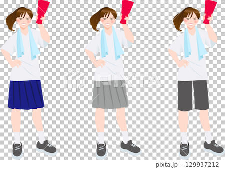 Female student cheering with a megaphone, white T-shirt 129937212