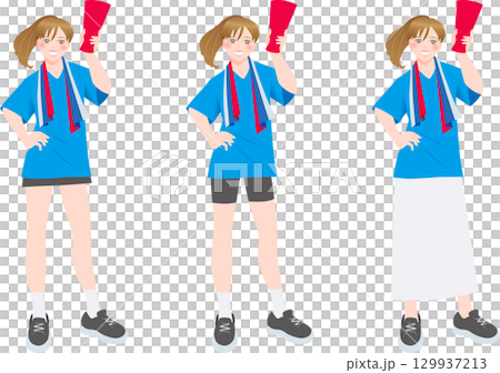 メガホンを持って応援する女性・青Tシャツ 129937213