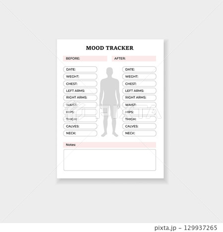Mood tracker form for health and wellness monitoring with space for personal notes 129937265