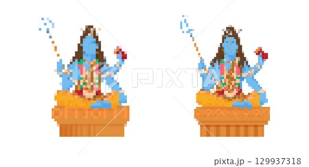 Pixel art mosaic of blue deity with staff and lotus Pixel art mosaic of blue deity with staff and lotus 129937318