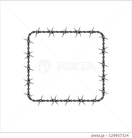 Square barbed wire frame symbolizing restriction and security with sharp twisted strands 129937324
