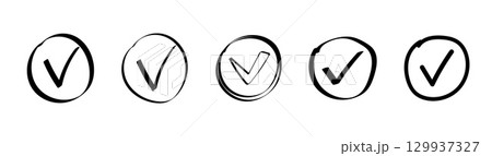 Five circular checkbox icons in sketch style with hand-drawn and outline designs 129937327