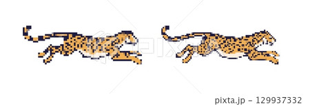 Mosaic pixel art of two tigers in motion with retro gaming flair 129937332