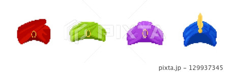 Colorful 8 bit pixel turbans for retro game design elements Colorful 8 bit pixel turbans for retro game design elements 129937345