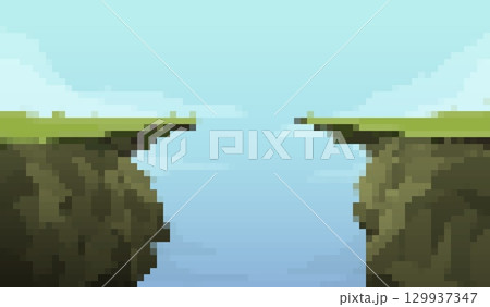 Pixel art landscape with two separated cliffs over blue sky 129937347