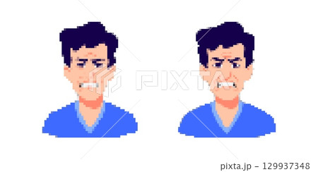 Pixel art mosaic of two frustrated faces in blue shirts Pixel art mosaic of two frustrated faces in blue shirts 129937348