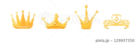 Pixelated gold crowns collection for retro game design Pixelated gold crowns collection for retro game design 129937350