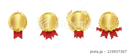 Gold medals with red ribbons in pixel art style 129937367