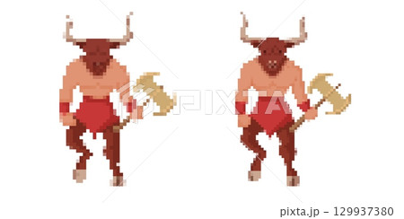 Retro minotaur warriors in 8 bit pixel art style 129937380