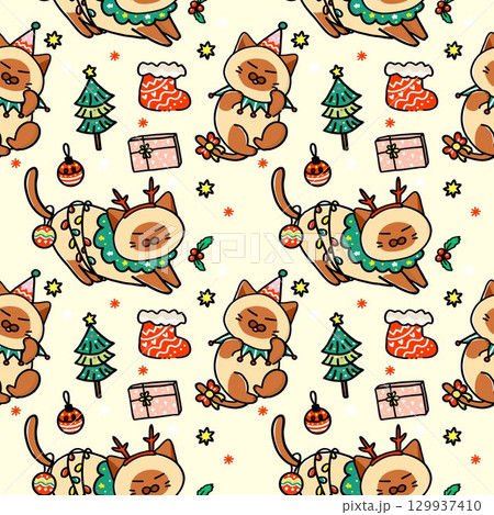 Christmas cute siamese seamless pattern Christmas cute siamese seamless pattern 129937410