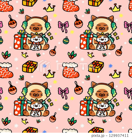 Christmas cute siamese seamless pattern Christmas cute siamese seamless pattern 129937411