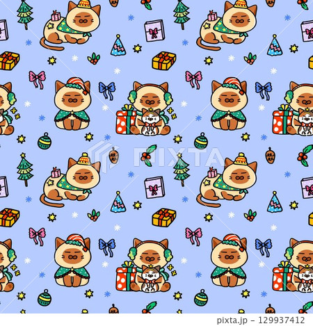 Christmas cute siamese seamless pattern Christmas cute siamese seamless pattern 129937412