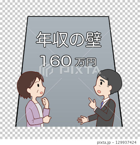 160万円の年収の壁の前で話し合う夫婦 129937424