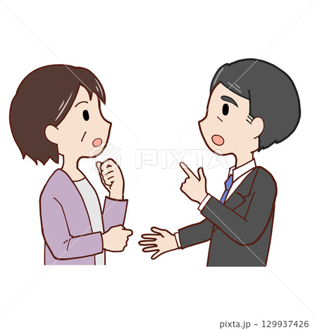 話し合う夫婦（会社員夫＋主婦妻） 129937426