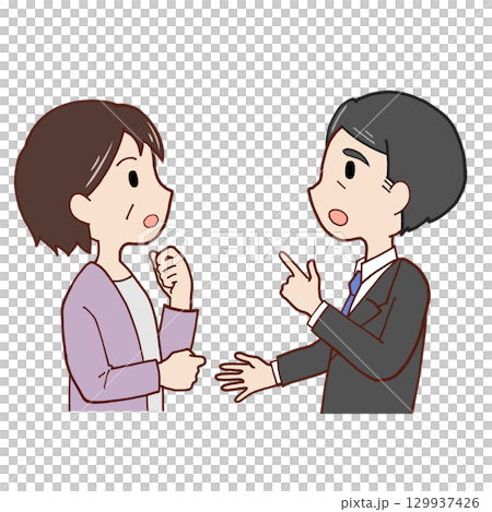 話し合う夫婦（会社員夫＋主婦妻） 129937426