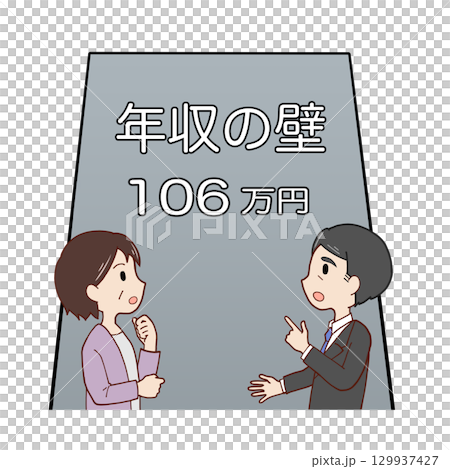 106万円の年収の壁の前で話し合う夫婦 129937427