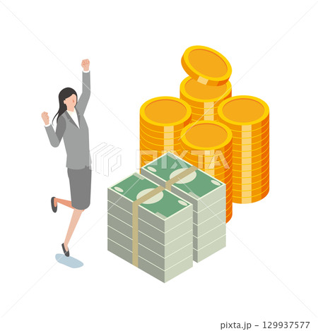 お金と喜ぶ女性 129937577