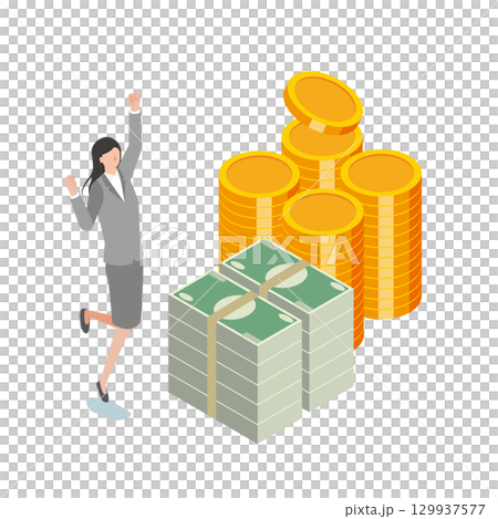 お金と喜ぶ女性 129937577