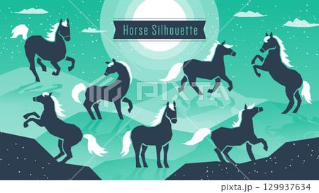 馬のシルエットと自然の風景イラスト 129937634