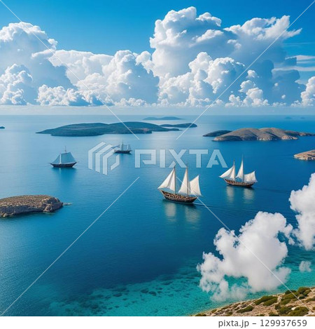 海に浮かぶ島々と海上を行きかう帆船 海に浮かぶ島々と海上を行きかう帆船 129937659