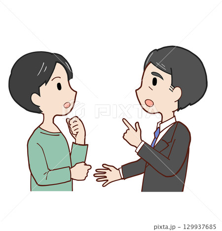 話し合う親子(会社員父+男子学生息子) 話し合う親子(会社員父+男子学生息子) 129937685