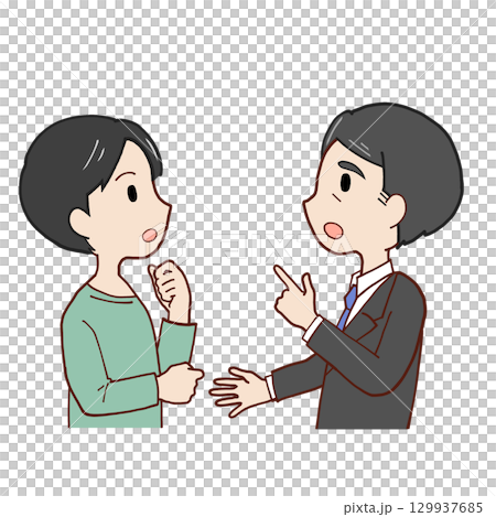 話し合う親子(会社員父+男子学生息子) 話し合う親子(会社員父+男子学生息子) 129937685