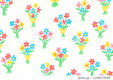 クレヨン手描きの花束のシームレスパターン背景 129937699