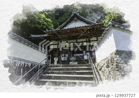 水彩画風　四国八十八箇所75番　弥谷寺　本堂　香川県三豊市 129937727